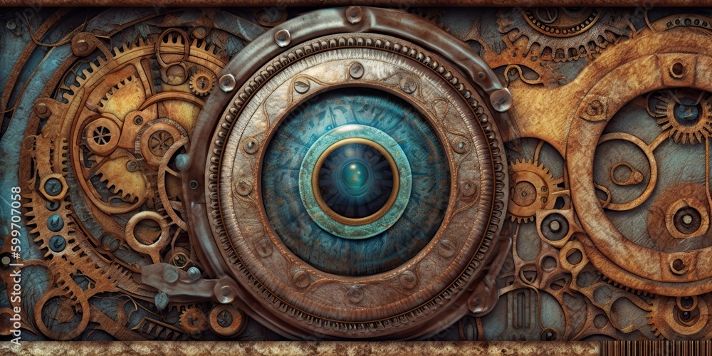 Steampunk background made of brass with gears and an eye-type feature for presentation  generative AI Art