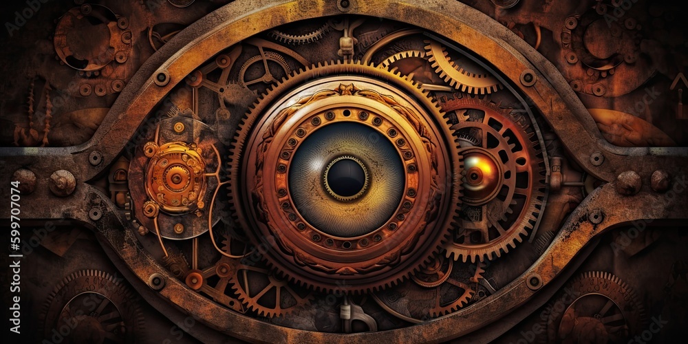 Steampunk background made of brass with gears and an eye-type feature for presentation  generative AI Art