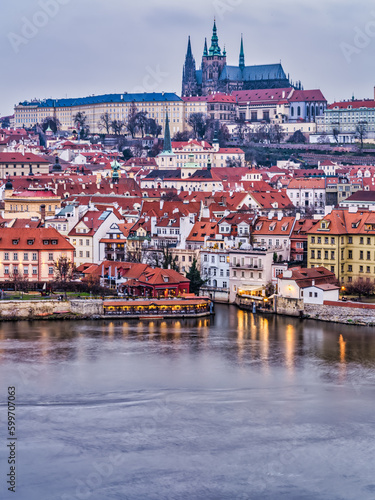 Canvas Print Lesser Town and the catle on Vltava river at dusk, Prague, Czech Republic