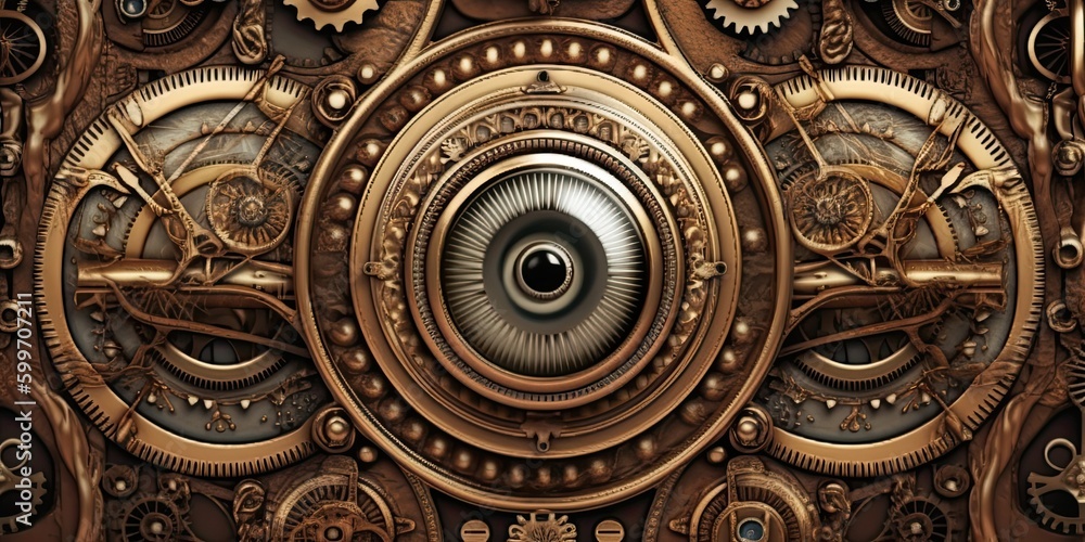 Steampunk background made of brass with gears and an eye-type feature for presentation  generative AI Art