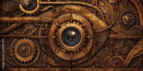 Steampunk background made of brass with gears and an eye-type feature for presentation generative AI Art
