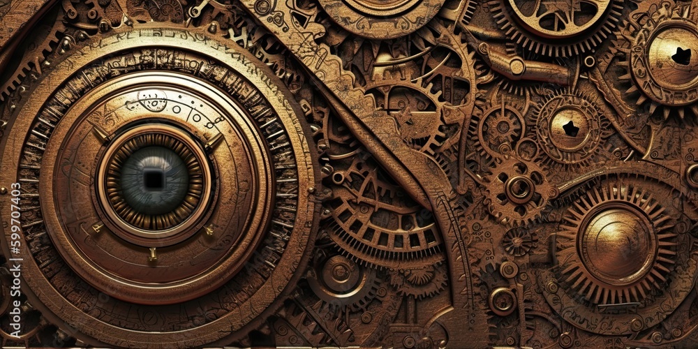Steampunk background made of brass with an eye-looking feature - generative AI art
