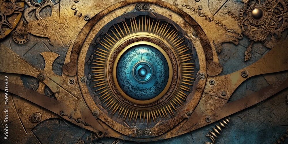 Steampunk background made of brass with an eye-looking feature - generative AI art