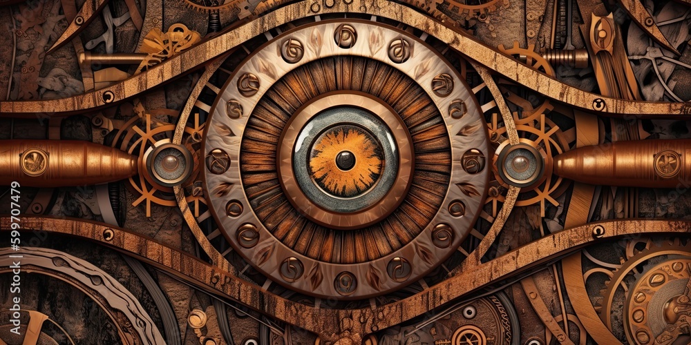 Obraz premium Steampunk background made of brass with an eye-looking feature - generative AI art