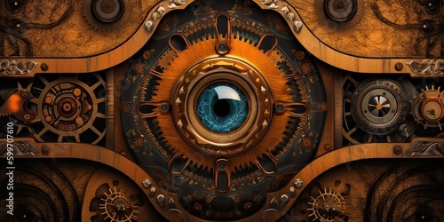 Steampunk background made of brass with an eye-looking feature - generative AI art