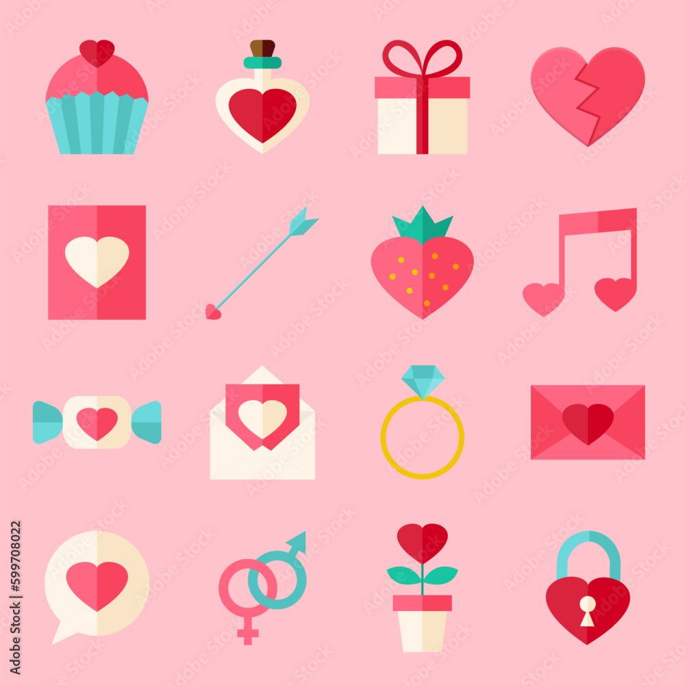 Valentine day flat icon set over light pink. Flat stylized object set Valentine day flat icon set over light pink. Flat stylized object set