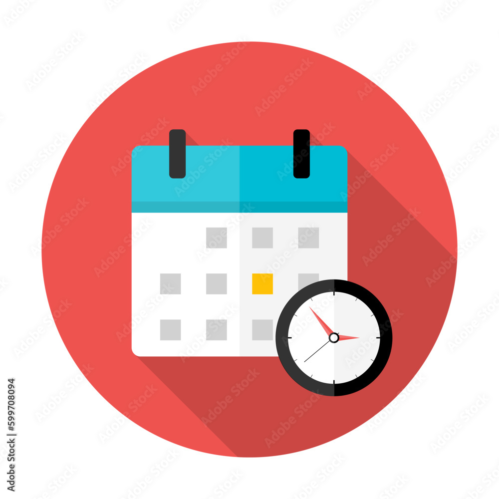 Calendar and clock Time circle icon. Flat stylized circle icon with long shadow Calendar and clock Time circle icon. Flat stylized circle icon with long shadow