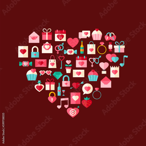 Heart shaped valentine day flat style icons. Flat stylized object set