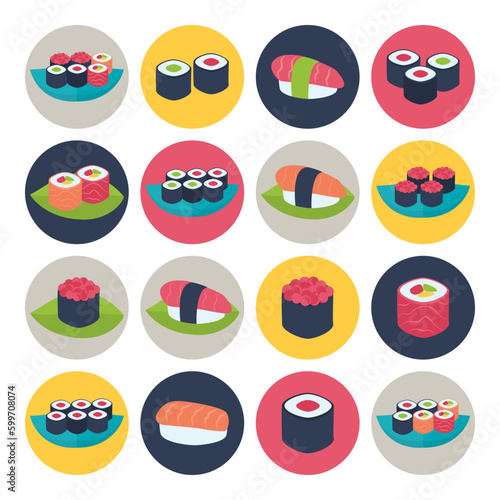 Flat style vector circular icon set. Sushi circular icon set