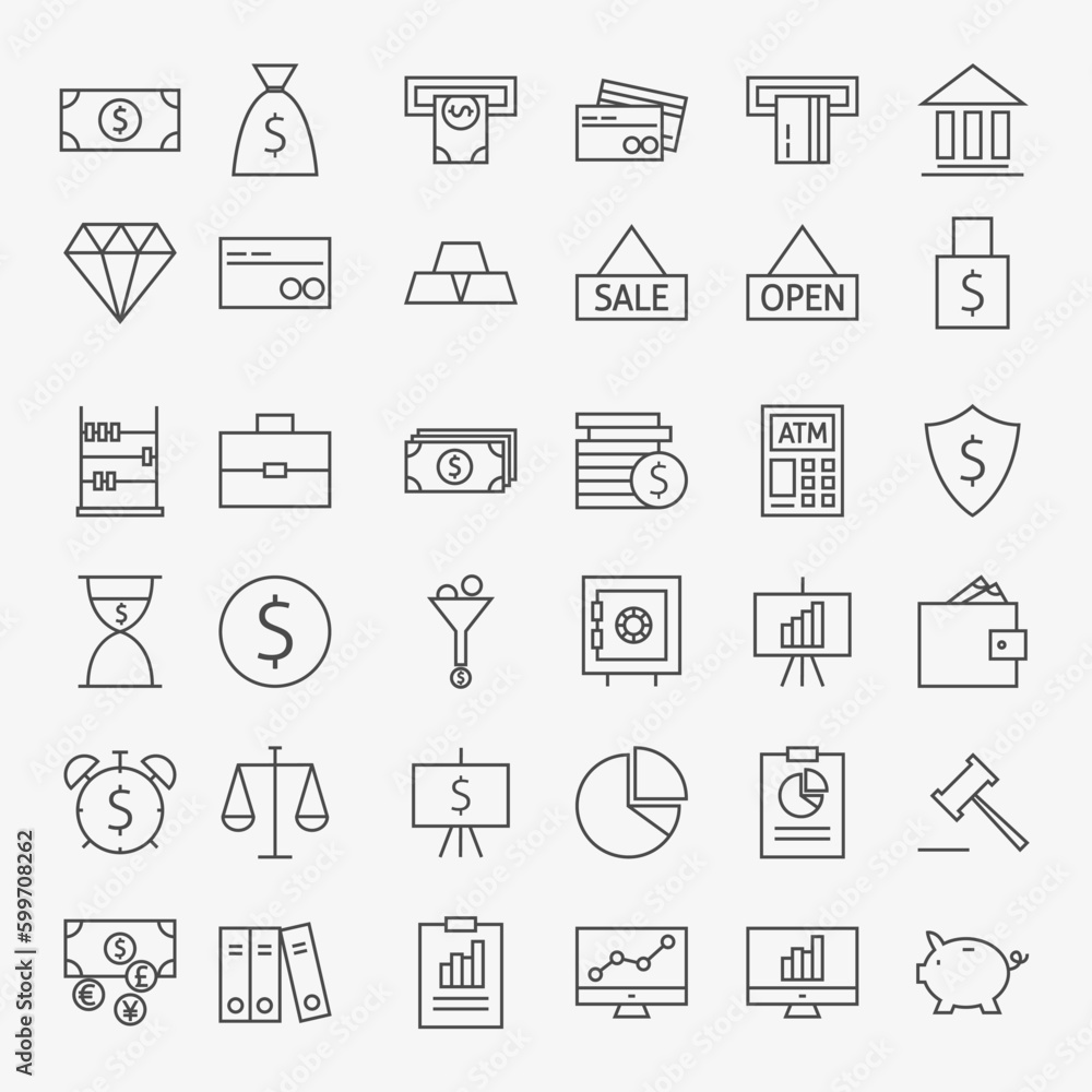 Line Banking Money and Finance Icons Big Set. Vector Set of 36 Line Art Modern Icons for Web and Mobile. Bank and Banking. Money and Finance Items. Business Marketing and Shopping Objects.