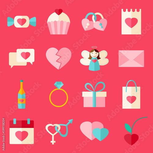 Valentine day flat style icon set over pink. Flat stylized object set