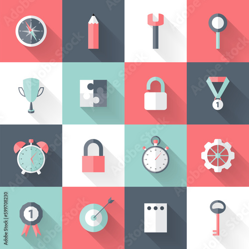 Business flat icons set long shadows. Vector illustration