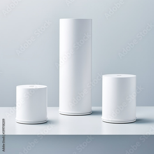 Matte White Cylinder Podiums for Product Mock-Up and Product Placement on Minimalist Black and White Gradient Background - Generative AI