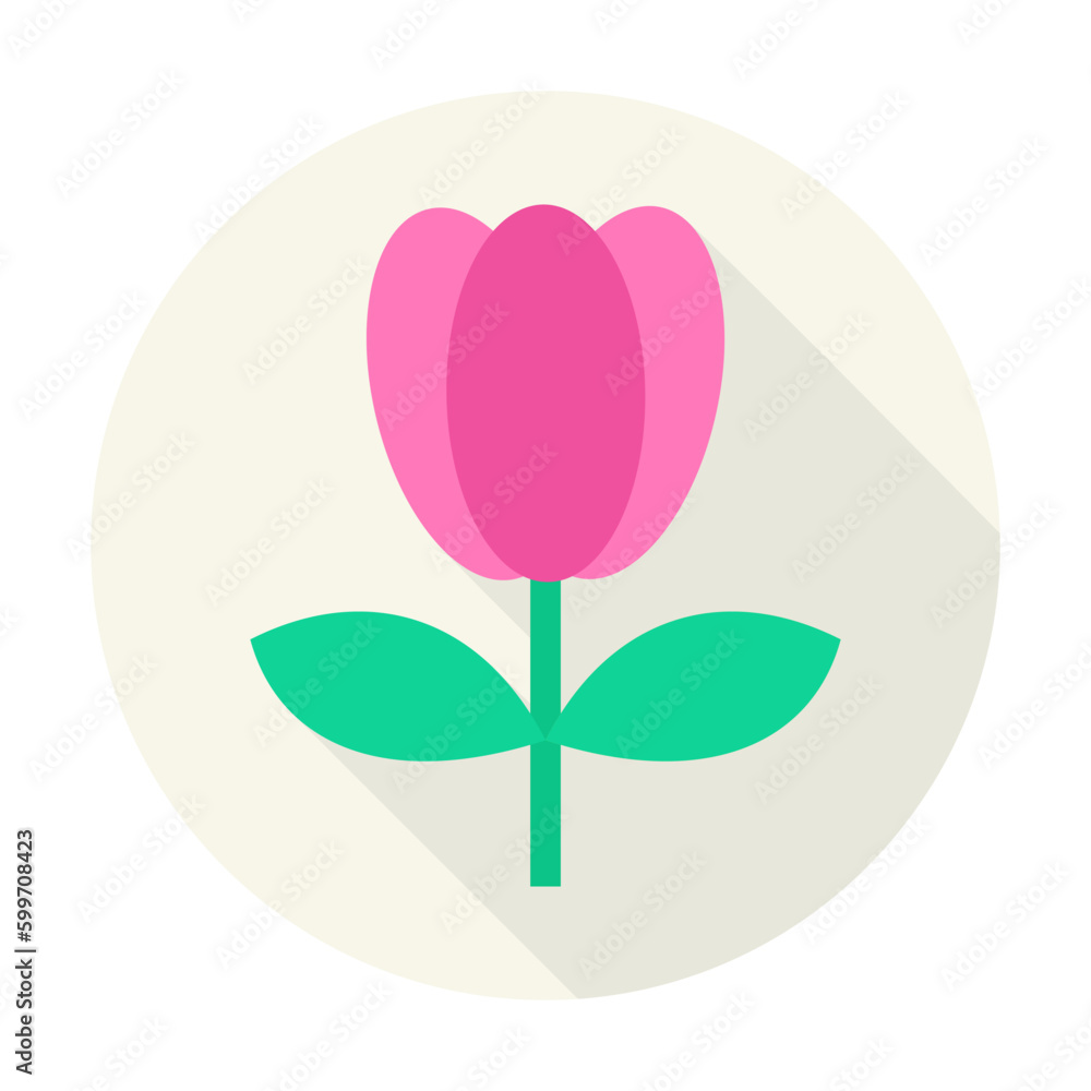 Flat Nature Tulip Flower Circle Icon with Long Shadow. Garden Plant Vector Illustration. Colorful Flower Object.