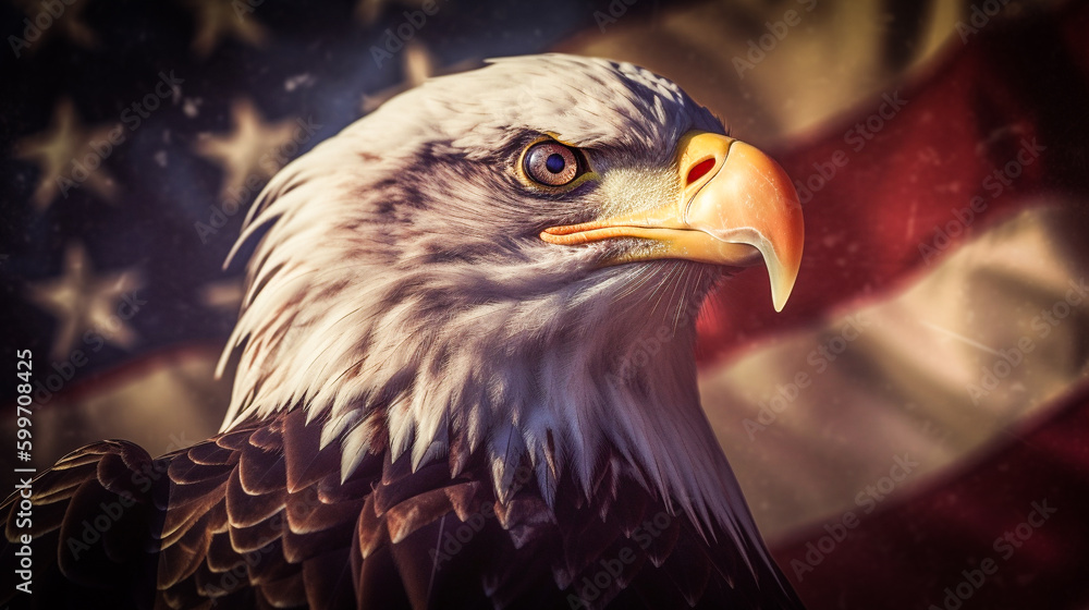 Fototapeta premium Close-up of an American Bald Eagle Head Over An American Flag Abstract Background - Generative AI.