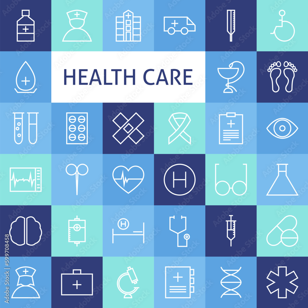 Vector Flat Line Art Modern Healthcare and Medicine Icons Set. Medical and Health Care Icons Set over Colorful Tile. Vector Set of 36 Healthy Lifestyle Modern Line Icons for Web and Mobile Vector Flat Line Art Modern Healthcare and Medicine Icons Set. Medical and Health Care Icons Set over Colorful Tile. Vector Set of 36 Healthy Lifestyle Modern Line Icons for Web and Mobile
