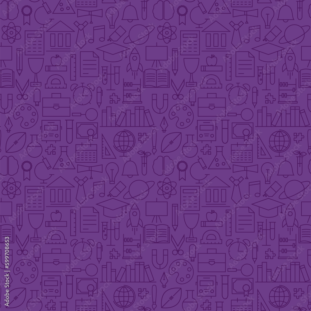 Thin School Line Education Knowledge Purple Seamless Pattern. Vector Science Design and Seamless Background in Trendy Modern Line Style. Thin Outline Art