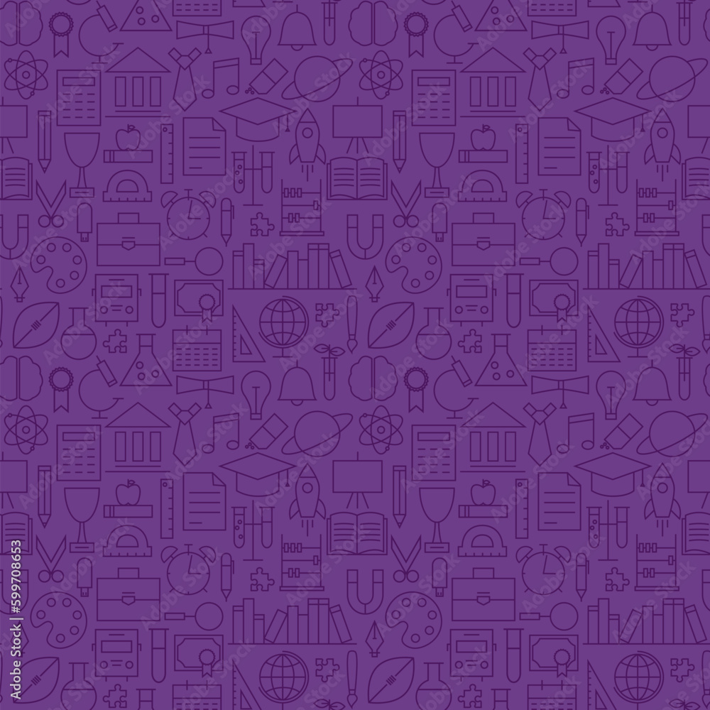 Thin School Line Education Knowledge Purple Seamless Pattern. Vector Science Design and Seamless Background in Trendy Modern Line Style. Thin Outline Art Thin School Line Education Knowledge Purple Seamless Pattern. Vector Science Design and Seamless Background in Trendy Modern Line Style. Thin Outline Art