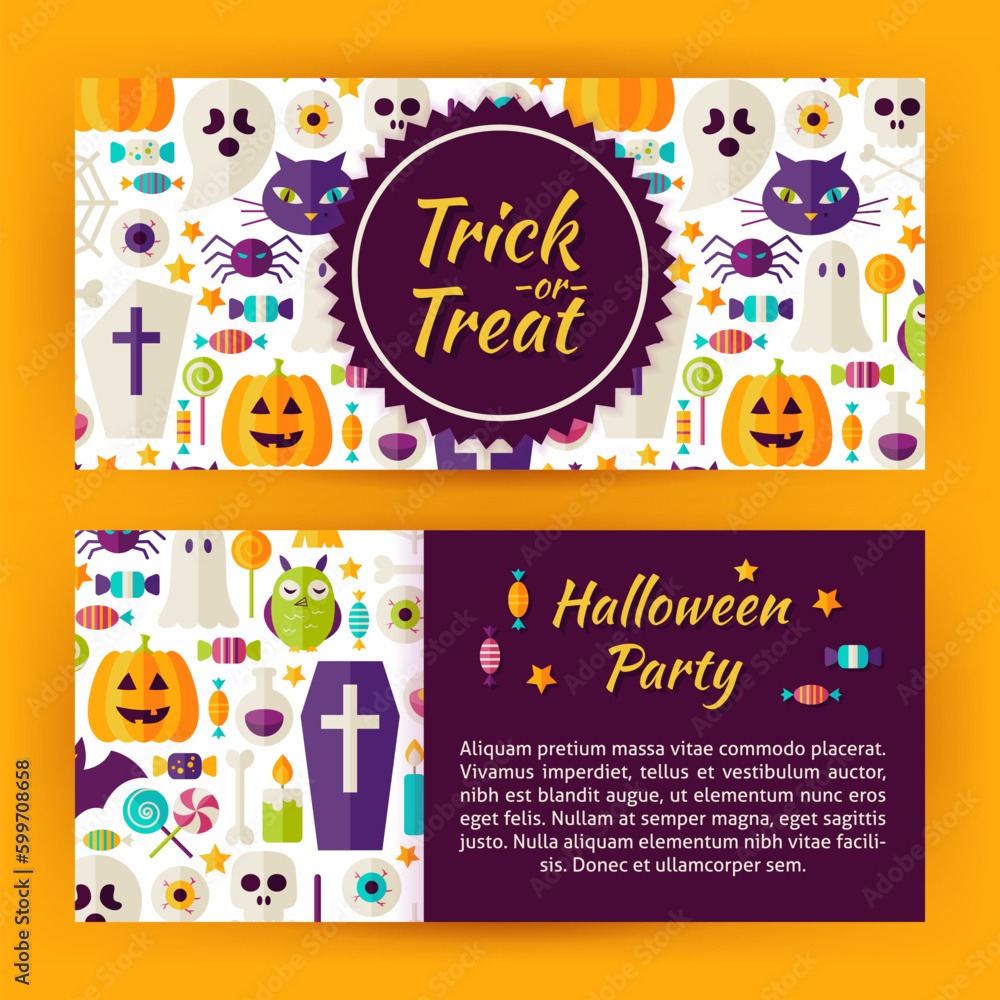 Trick or Treat Halloween Party Flat Style Vector Template Banners Set. Flat Style Design Vector Illustration of Brand Identity for Halloween Promotion. Colorful Pattern for Advertising