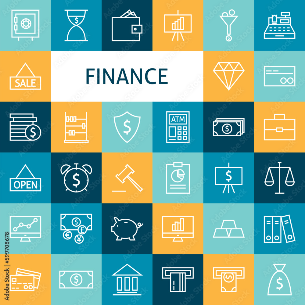 Vector Flat Line Art Modern Finance Money and Bank Icons Set. Banking Icons Set over Colorful Tile. Vector Set of 36 Business Investments and Earnings Modern Line Icons for Web and Mobile. Vector Flat Line Art Modern Finance Money and Bank Icons Set. Banking Icons Set over Colorful Tile. Vector Set of 36 Business Investments and Earnings Modern Line Icons for Web and Mobile.