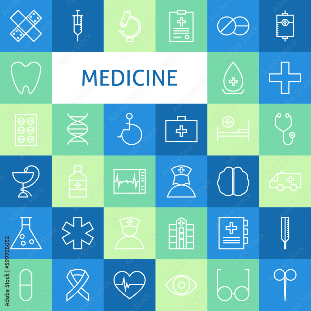Vector Flat Line Art Modern Medicine and Healthy Life Icons Set. Medical and Health Care Icons Set over Colorful Tile. Vector Set of 36 Healthy Lifestyle Modern Line Icons for Web and Mobile Vector Flat Line Art Modern Medicine and Healthy Life Icons Set. Medical and Health Care Icons Set over Colorful Tile. Vector Set of 36 Healthy Lifestyle Modern Line Icons for Web and Mobile