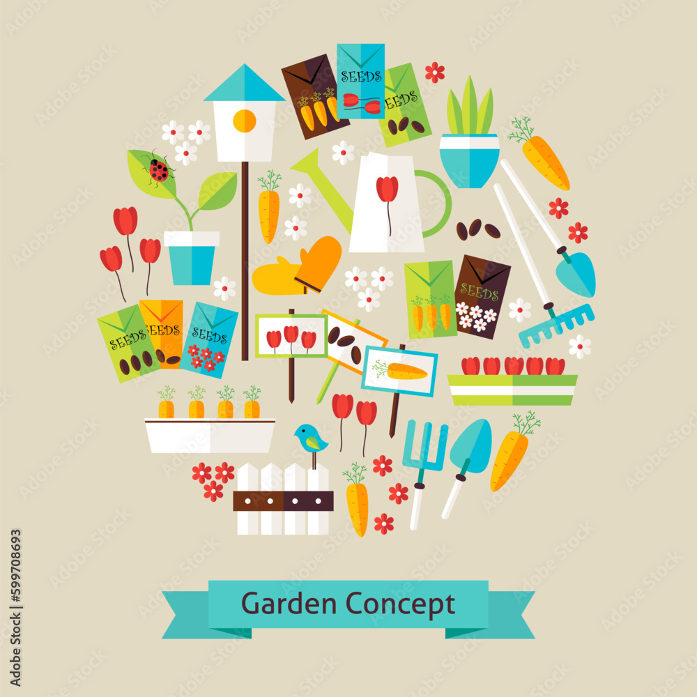 Vector Flat Style Nature Gardening and Environment Objects Concept. Flat Design Vector Illustration. Collection of Spring Season Garden Equipment Colorful Objects. Set of Plants and Flowers Items.
