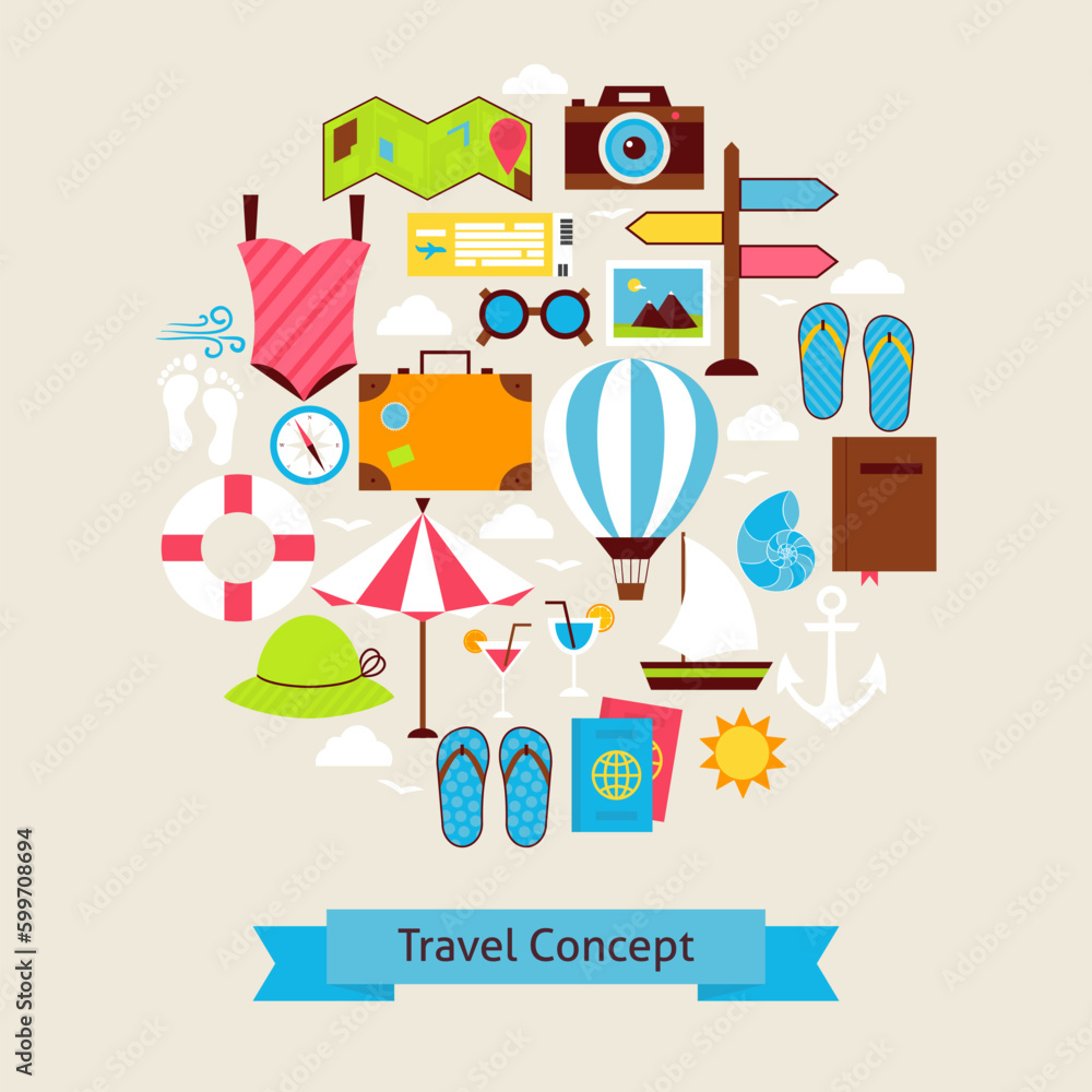 Vector Flat Style Summer Vacation and Travel Objects Concept. Flat Design Vector Illustration. Collection of Summer Holidays Colorful Objects. Set of Resort Items.