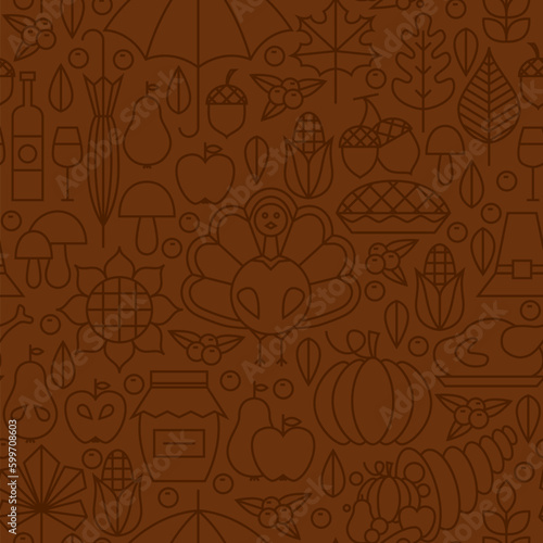 Thin Line Holiday Thanksgiving Day Brown Seamless Pattern. Vector Autumn Thanksgiving Dinner Design and Seamless Background in Trendy Modern Line Style. Thin Outline Art. Traditional National Celebrat