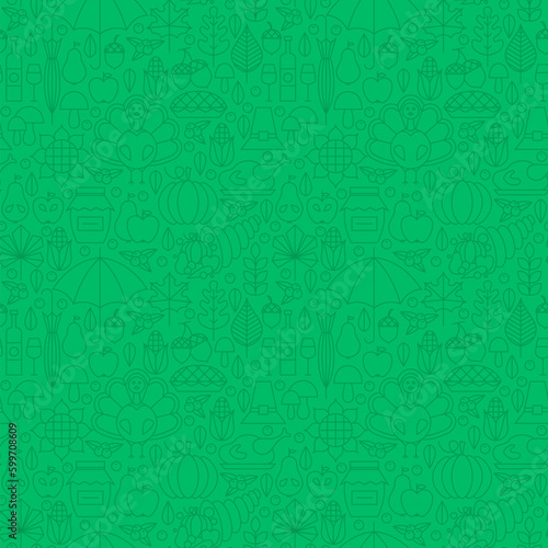 Thin Line Holiday Thanksgiving Dinner Seamless Green Pattern. Vector Autumn Thanksgiving Day Design and Seamless Background in Trendy Modern Line Style. Thin Outline Art. Traditional National Celebrat