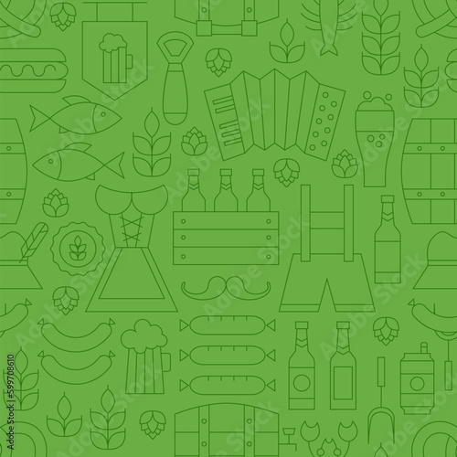 Thin Line Oktoberfest Holiday Seamless Green Pattern. Vector German Beer Party Design and Seamless Background in Trendy Modern Line Style. Thin Outline Art