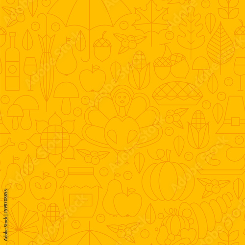 Thin Thanksgiving Dinner Line Holiday Seamless Yellow Pattern. Vector Autumn Thanksgiving Day Design and Seamless Background in Trendy Modern Line Style. Thin Outline Art. Traditional National Celebra
