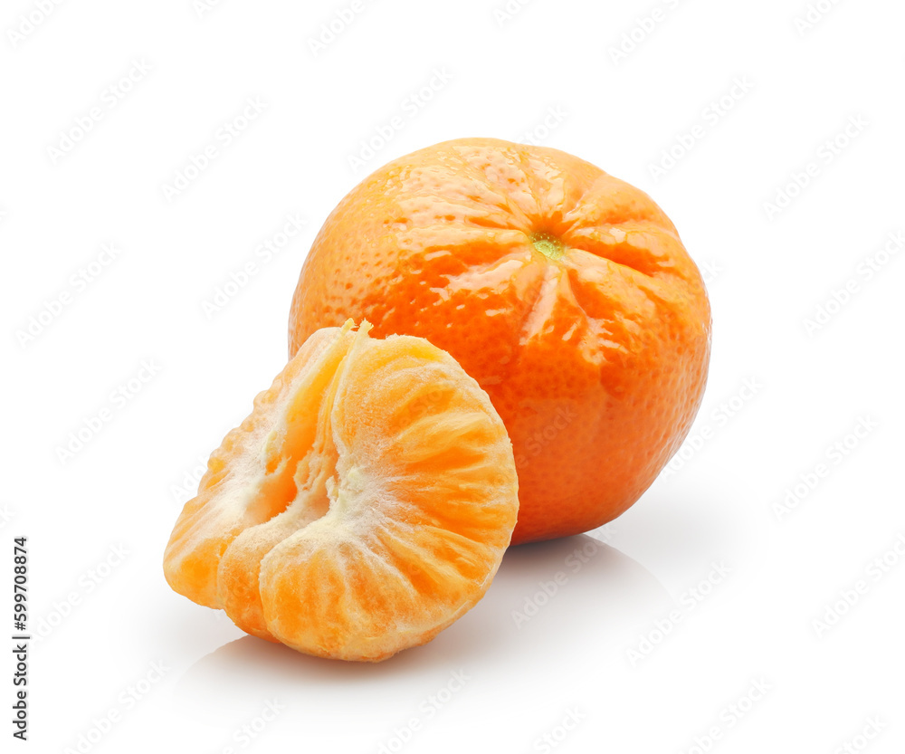 Whole and piece of fresh orange tangerine or mandarin close-up isolated on white background Whole and piece of fresh orange tangerine or mandarin close-up isolated on white background