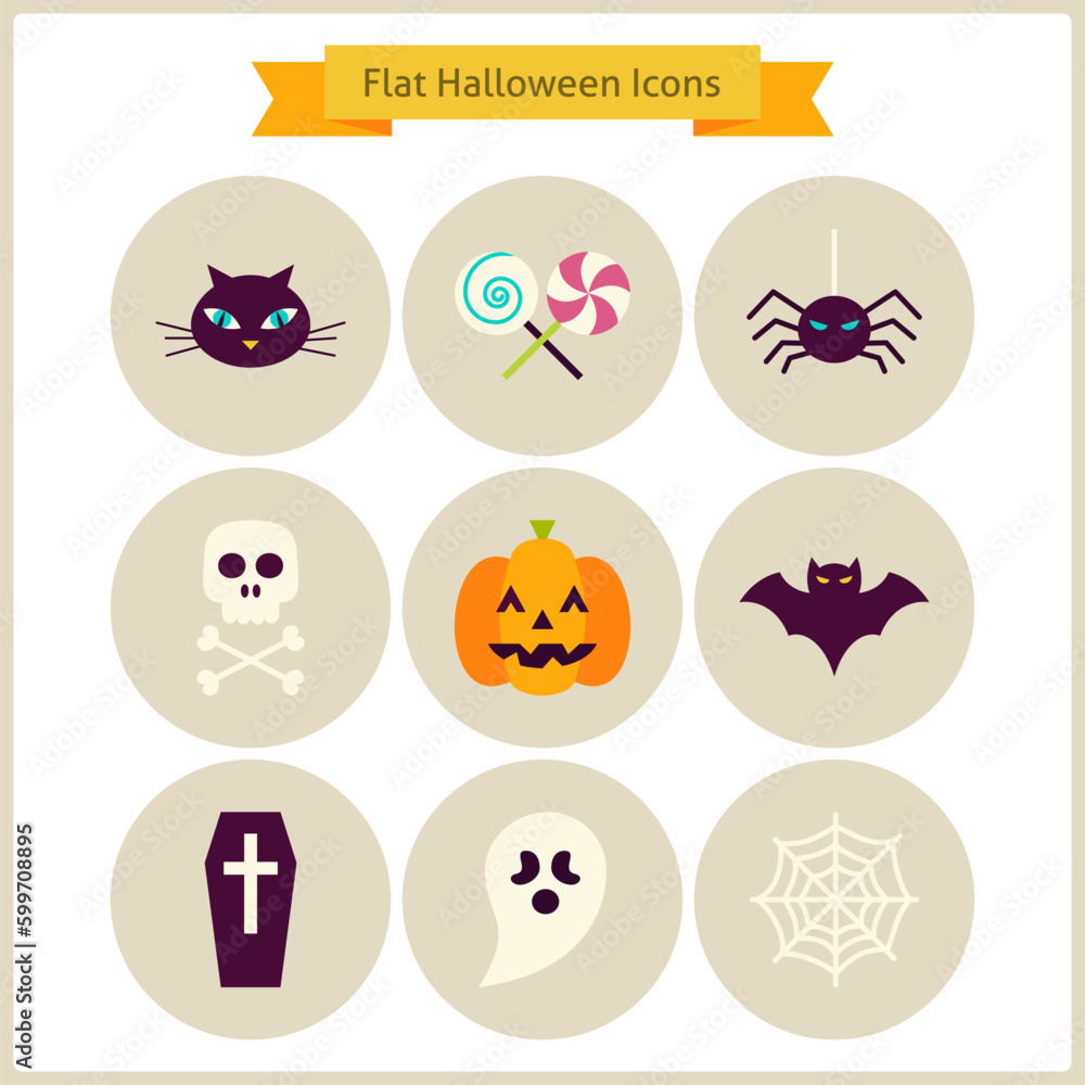 Flat Halloween Icons Set. Vector Illustration. Collection of October Magic Holiday Halloween Party Colorful Circle Icons. Tricks and Treats Items. Design Elements for Website and Mobile Application