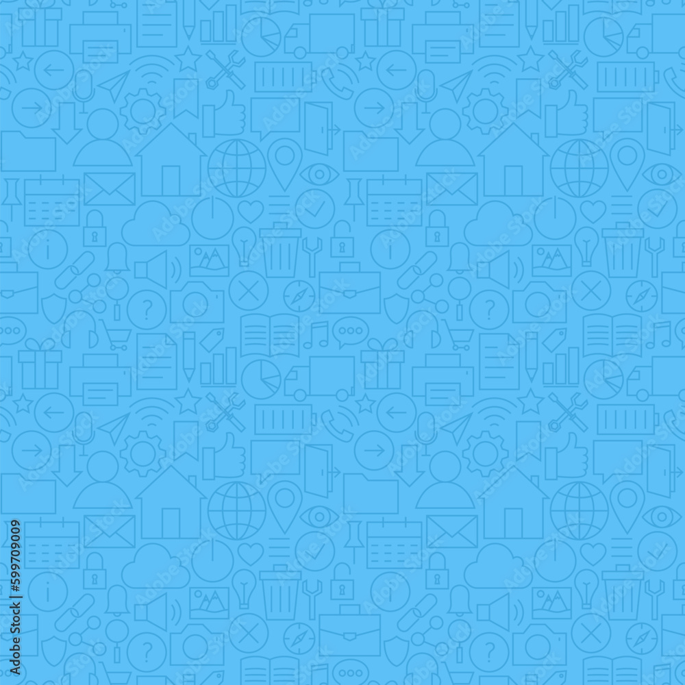 Thin Line Website and Mobile User Interface Blue Seamless Pattern. Vector Web Design Seamless Background in Trendy Modern Line Style. Thin Outline Art