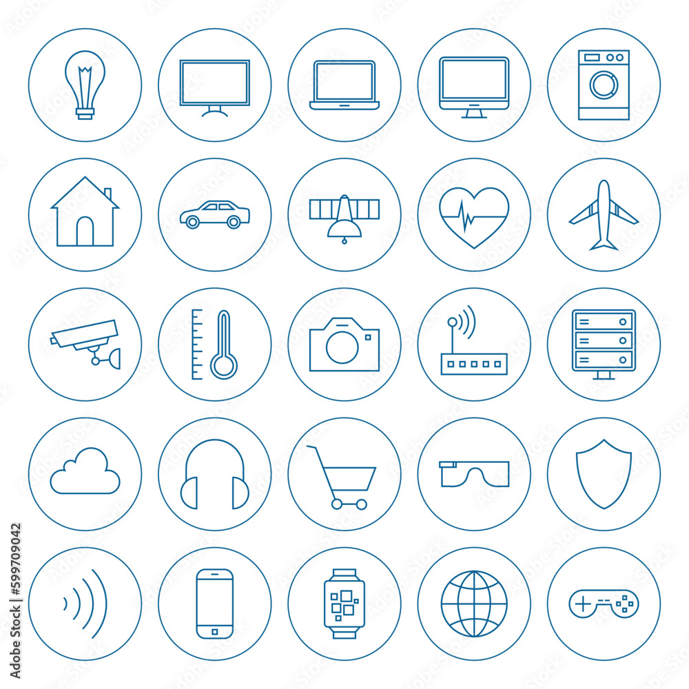Line Circle Internet of Things Icons Set. Vector Set of Modern Technology Thin Line Icons for Web and Mobile Circle Shaped Isolated over White Background. Line Circle Internet of Things Icons Set. Vector Set of Modern Technology Thin Line Icons for Web and Mobile Circle Shaped Isolated over White Background.
