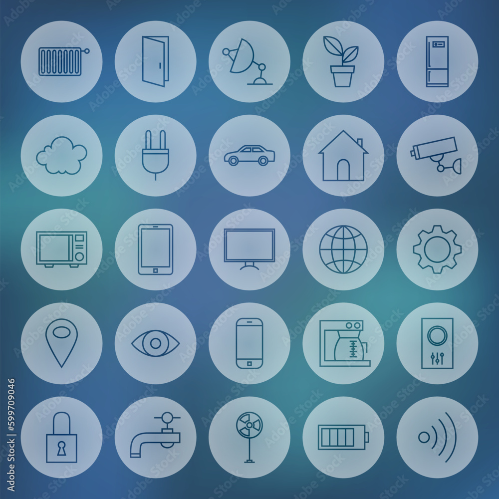 Line Circle Web Internet of Things Icons Set. Vector Set of Modern Technology Thin Line Icons for Web and Mobile Circle Shaped over Blue Blurred Background. Line Circle Web Internet of Things Icons Set. Vector Set of Modern Technology Thin Line Icons for Web and Mobile Circle Shaped over Blue Blurred Background.