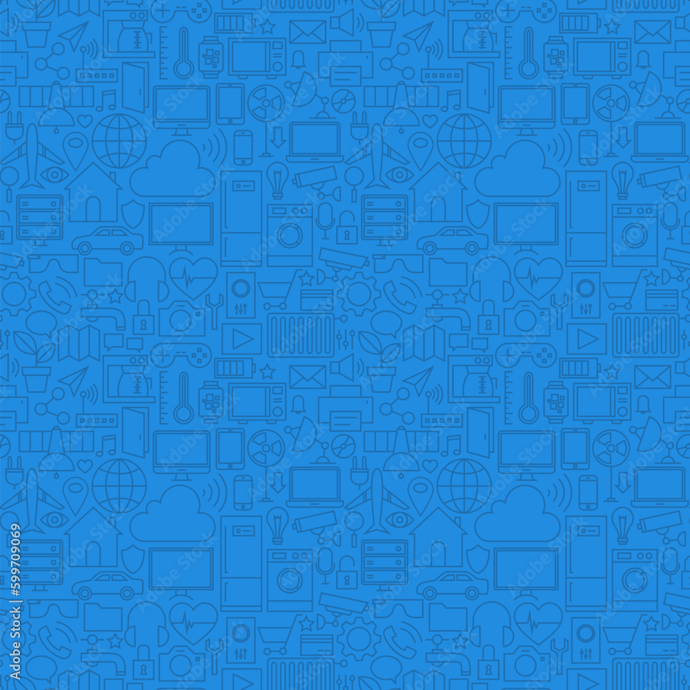 Blue Thin Line Internet of Things Seamless Pattern. Vector Web Design Seamless Background in Trendy Modern Line Style. Technology Smart Home Outline Art. Blue Thin Line Internet of Things Seamless Pattern. Vector Web Design Seamless Background in Trendy Modern Line Style. Technology Smart Home Outline Art.