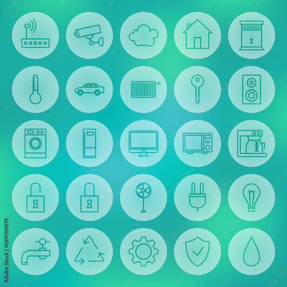 Line Circle Smart House Icons Set. Vector Set of Modern Home Technology Thin Line Icons for Web and Mobile over Blurred Background.