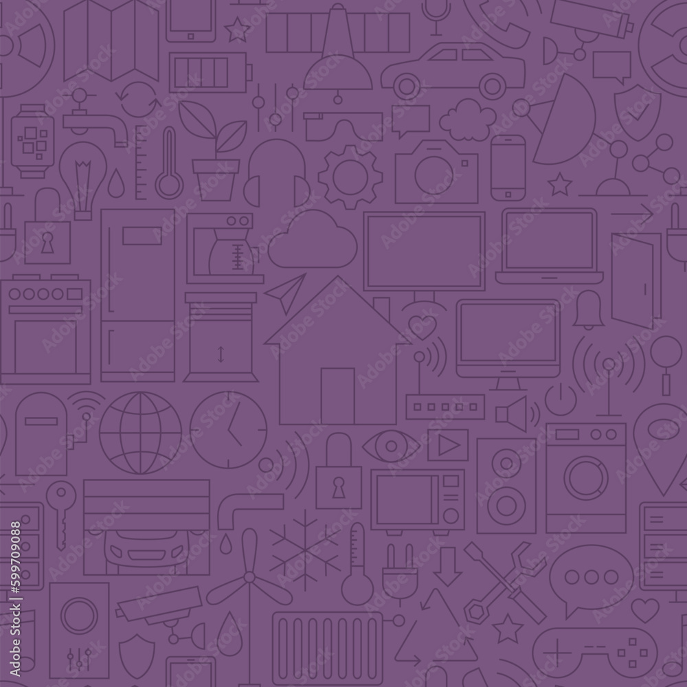 Thin Home Technology Seamless Dark Purple Pattern. Vector Web Design Seamless Background in Trendy Modern Line Style. Smart House Outline Art. Thin Home Technology Seamless Dark Purple Pattern. Vector Web Design Seamless Background in Trendy Modern Line Style. Smart House Outline Art.
