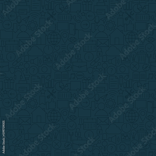 Thin Line Web and Mobile User Interface Dark Seamless Pattern. Vector Web Design Seamless Background in Trendy Modern Line Style. Thin Outline Art