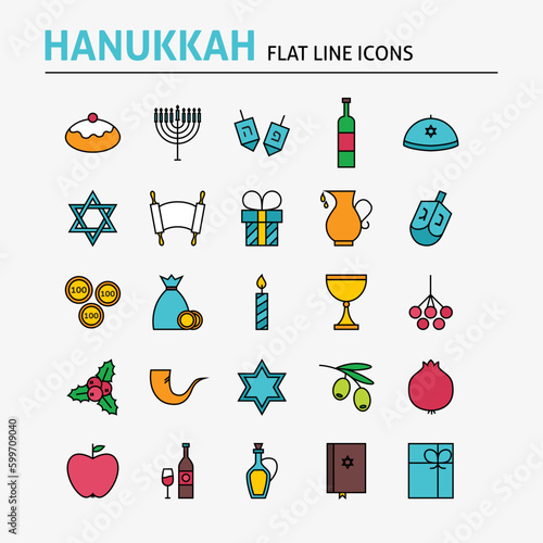 Jewish Hanukkah Colorful Flat Line Icons Set. Vector Collection of Winter Holiday Modern Thin Outline Icons for Web and Mobile. Israel Traditional Icons.
