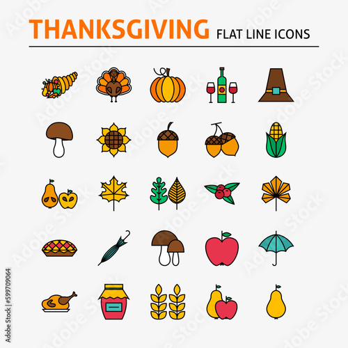 Thanksgiving Day Colorful Flat Line Icons Set. Vector Autumn Seasonal Holiday Modern Outline Icons for Web and Mobile. Thanksgiving Dinner Food Icons Collection.