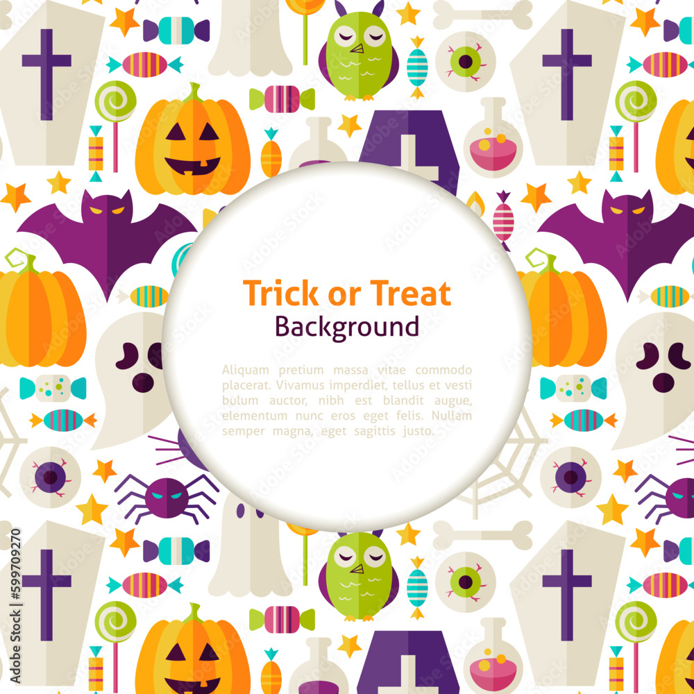 Halloween Trick or Treat Background. Flat Style Vector Illustration for Halloween Party Promotion Template. Colorful Objects for Advertising. Corporate Identity with Text Halloween Trick or Treat Background. Flat Style Vector Illustration for Halloween Party Promotion Template. Colorful Objects for Advertising. Corporate Identity with Text