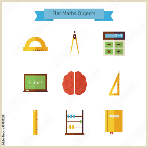 Flat School Maths and Physics Objects Set. Back to School. Science and Education Set. Collection of School and University Objects isolated over white. Measure Instruments