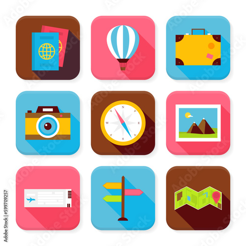Flat Travel and Vacation Squared App Icons Set. Flat Style Vector Illustration. Summer Holidays and Beach Resort Set. Collection of Square Rectangular Shape Application Colorful Icons with Long Shadow