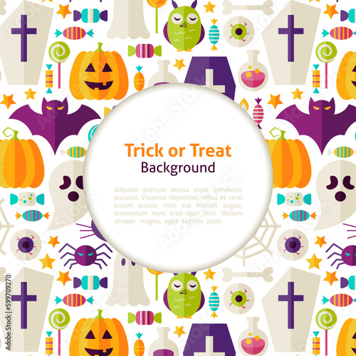 Halloween Trick or Treat Background. Flat Style Vector Illustration for Halloween Party Promotion Template. Colorful Objects for Advertising. Corporate Identity with Text