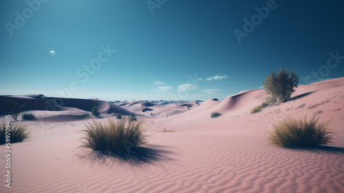 Light pink sand dunes contrast with a deep blue sky. Sky contrasts against a backdrop of sand dunes in the desert. Generative ai