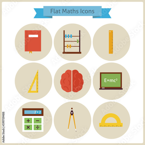 Flat School Maths and Physics Icons Set. Back to School. Science and Education Set. Collection of School and University Circle Icons. Measure Instruments