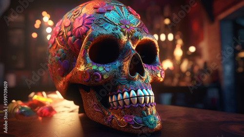 Sugar Skull (Calavera) to celebrate Mexico's Day of the Dead. Generated AI
