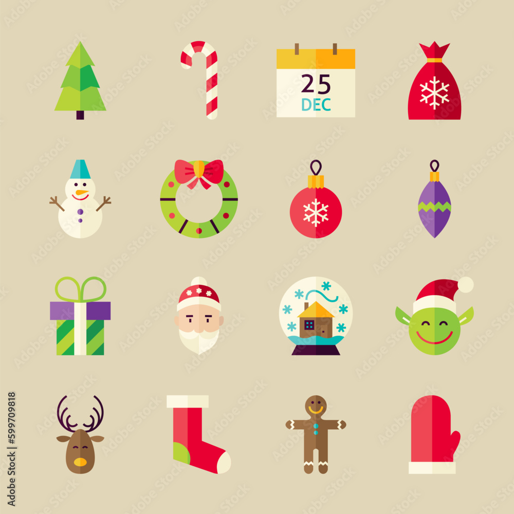Merry Christmas Objects Set. Flat Style Vector Illustration. Winter Holiday. Collection of Happy New Year Objects over Beige Background Merry Christmas Objects Set. Flat Style Vector Illustration. Winter Holiday. Collection of Happy New Year Objects over Beige Background